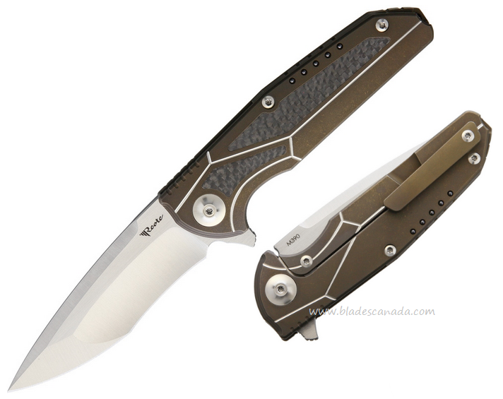Reate K-4 Flipper Framelock Knife, RWL-34, Bronze Titanium/Carbon Fiber